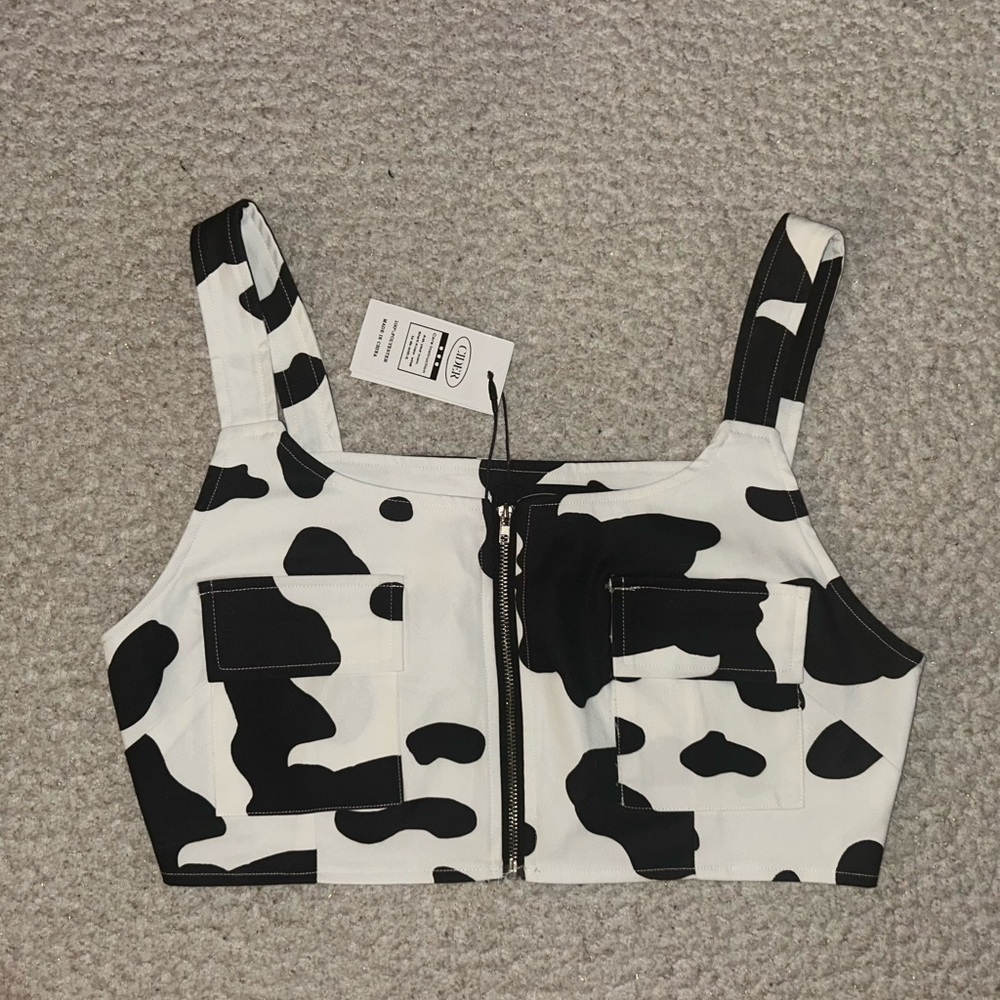 Cider Monochrome Cow Print Crop Top